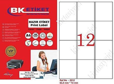 A1-2012 Ebat 63.5 x 72 mm Lazer Etiket  A4 Sayfada 12 Etiket