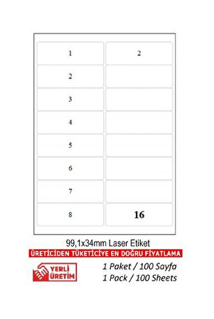 A1-2016 Ebat 99.1 x 34 mm Lazer Etiket  A4 Sayfada 16 Etiket
