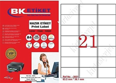 BK-2021 Ebat 63.5 x 38.1 mm Lazer Etiket  A4 Sayfada 21 Etiket