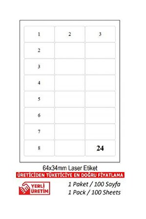 BK-2024 Ebat 64 x 34 mm Lazer Etiket  A4 Sayfada 24 Etiket