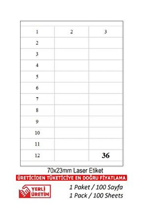  A1 Etiket Tw-2433 100 A4 Sayfa Laser Etiket 70X23 1 A4 Sayfada 36 Etiket