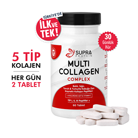 Supra Protein Multi Collagen Complex 60 Tablet- 5 Tip Kolajen Karışımı + Hyaluronik Asit & Vitamin C