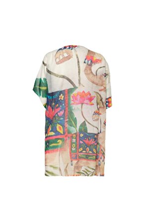 Renkli İpekli Renkli Desenli Kısa Tunik Kimono | Std