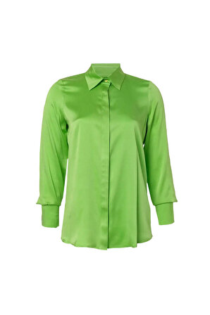 Yeşil Saf İpek Audrey Uzun Kollu Gömlek | M