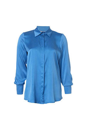 Mavi Saf İpek Audrey Uzun Kollu Gömlek | L