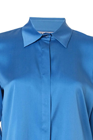 Mavi Saf İpek Audrey Uzun Kollu Gömlek | L