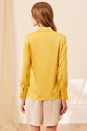 Sarı Saf İpek Audrey Uzun Kollu Gömlek | M