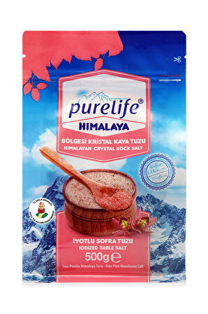 Purelife Himalaya Tuzu İyotlu İnce Pembe 500g / Doğal Tuz / Rafine Edilmemiş Kristal Kaya Tuzu / Pembe Tuz