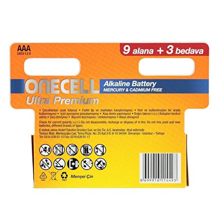 Onecell Ultra Premium Alkalin AAA Boy Pil 9+3