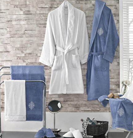 Maxstyle Bamboo Bornoz Aile Banyo Seti Beyaz/Mavi Melisa