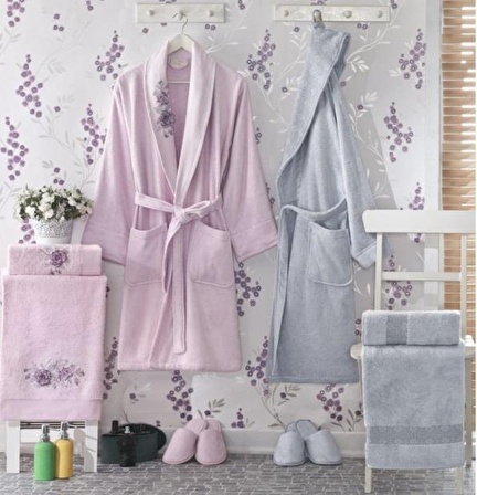 Maxstyle Bamboo Bornoz Aile Banyo Seti Pembe/Gri Destina