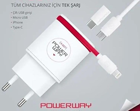 Powerway X-607 Type c-Micro-Lightning 3 in 1 2.1 amper şarj aleti