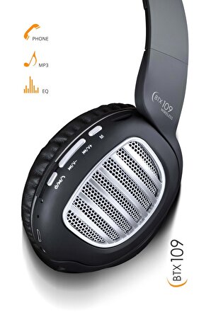 BTX109 Kulak Üstü Bluetooth Kulaklık Gümüş-Siyah iOS & Android Uyumlu Micro SD & AUX Girişli