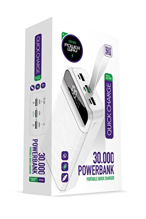 Powerway QC30 30000 mAh Hızlı Şarj Powerbank Beyaz 