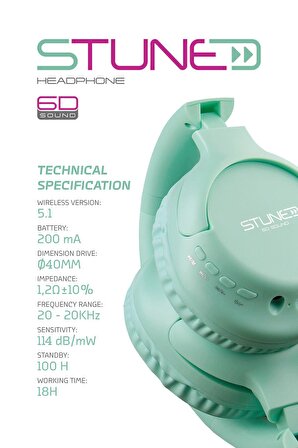 Stune Kulaküstü Turkuaz Bluetooth Kulaklık Hafıza Kartı 6D Sound 18 Saat Kullanım Süresi