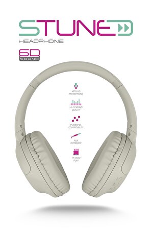 Stune Kulaküstü Bej Bluetooth Kulaklık Hafıza Kartı 6D Sound 18 Saat Kullanım Süresi
