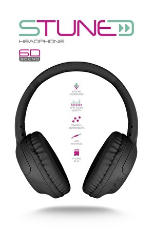 Stune Kulaküstü Siyah Bluetooth Kulaklık Hafıza Kartı 6D Sound 18 Saat Kullanım Süresi