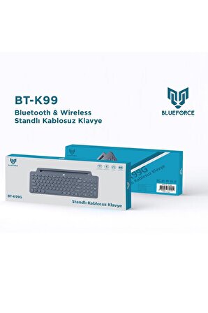 Blueforce 2.4 Ghz Wireless Bluetooth v5.0 Standlı Kablosuz Klavye Gri