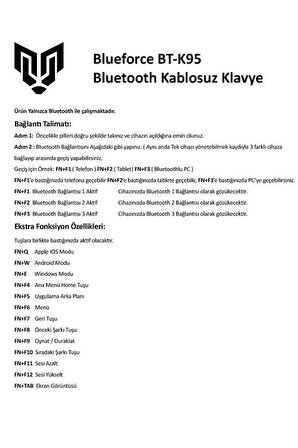 Blueforce Bt-k95 Bluetooth v5.0 ios Android Uyumlu Kablosuz Klavye Bey