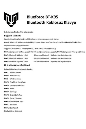 Blueforce Bt-K95 Bluetooth v5.0 ios Android Uyumlu Kablosuz Klavye Kır