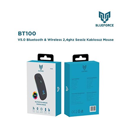 Blueforce 2,4Ghz Bluetooth Wireless Kablosuz Sessiz Mouse Siyah Işıklı