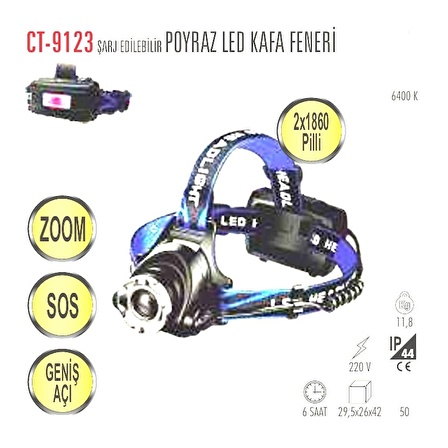 Cata CT-9123 Poyraz Kafa Lambası Ledli Şarj Edilebilir Zom+Sos+Geniş Açı