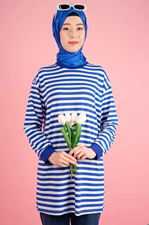 Kadın Yazlık Çizgili Penye Tesettür Tunik İnce Çizgi - Mavi