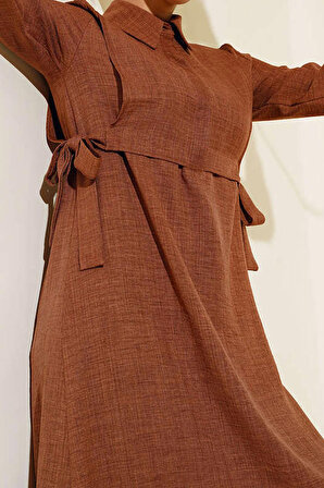 Kadın Yan Bağlamalı Keten Elibse Yarım Düğmeli Ön Bolero Elbise Kahverengi