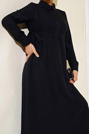 Kadın Yan Bağlamalı Keten Elibse Yarım Düğmeli Ön Bolero Elbise Siyah