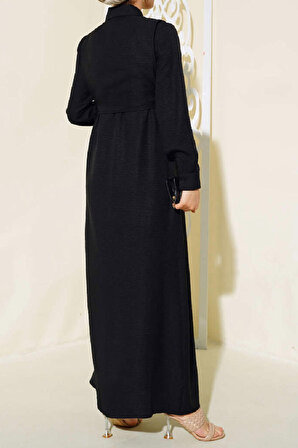 Kadın Yan Bağlamalı Keten Elibse Yarım Düğmeli Ön Bolero Elbise Siyah