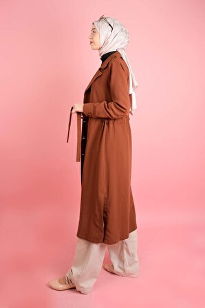 Kadın Tesettür Ceket Bel Tünel Bağcıklı Yan Yırtmaçlı Kup Ceket Kahverengi