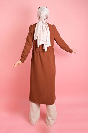 Kadın Tesettür Ceket Bel Tünel Bağcıklı Yan Yırtmaçlı Kup Ceket Kahverengi