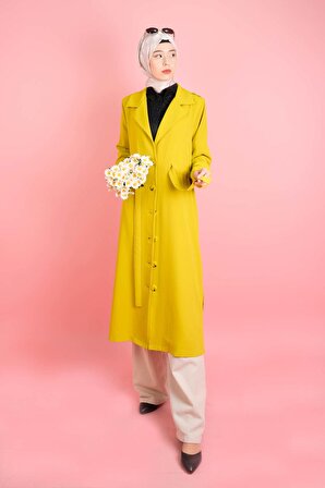 Kadın Tesettür Ceket Bel Tünel Bağcıklı Yan Yırtmaçlı Kup Ceket Sarı