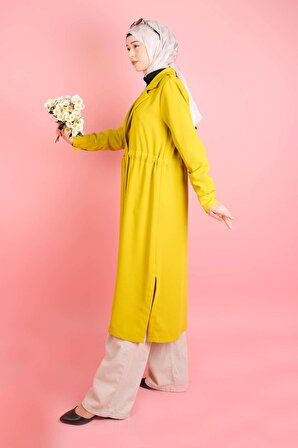 Kadın Tesettür Ceket Bel Tünel Bağcıklı Yan Yırtmaçlı Kup Ceket Sarı