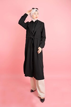 Kadın Tesettür Ceket Bel Tünel Bağcıklı Yan Yırtmaçlı Kup Ceket Siyah