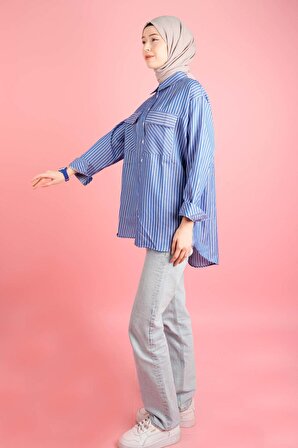 Kadın Zara Çizgili Gömlek Cep Detaylı Mavi