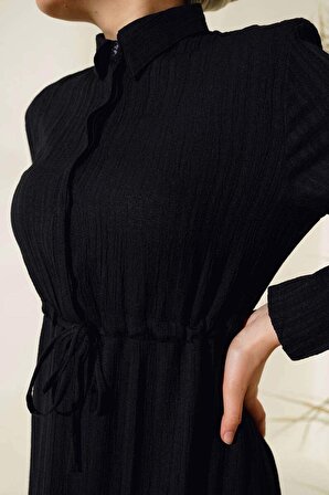 Kadın Bel Tünel Kaş Elbise Yarım Düğmeli Elibise Siyah