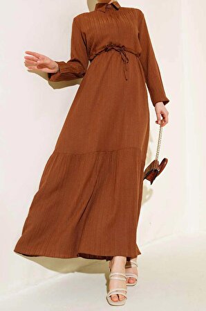 Kadın Bel Tünel Kaş Elbise Yarım Düğmeli Elbise Kahverengi