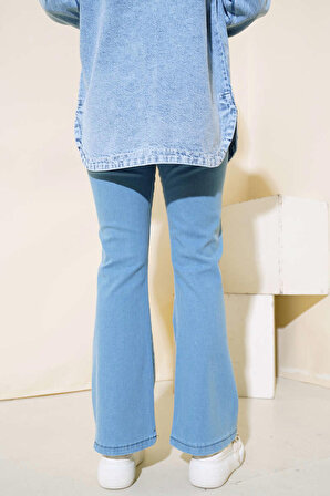 Kadın Bel Lastikli Denim Pantolon İspanyol Paça Pantolon Mavi