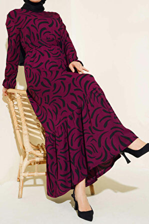 Kadın Etek Fırfırlı Desenli Bürümcek Elbise Bordo