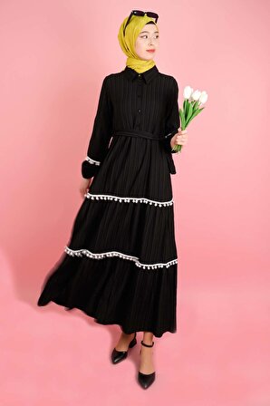 Kadın Yarım Düğme Yakalı Kaş Elbise Ponponlu Siyah