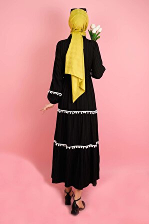 Kadın Yarım Düğme Yakalı Kaş Elbise Ponponlu Siyah