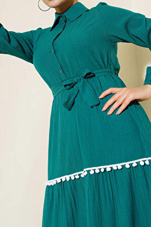 Kadın Yarım Düğme Yakalı Kaş Elbise Ponponlu Yeşil