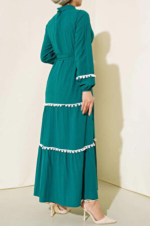 Kadın Yarım Düğme Yakalı Kaş Elbise Ponponlu Yeşil