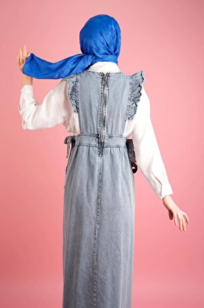 Denim Jile Elbise Fırfırlı Kol Arka Fermuar Kapama Denim Açık Mavi
