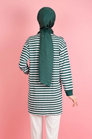 Kadın Yazlık Çizgili Penye Tesettür Tunik İnce Çizgi Yeşil