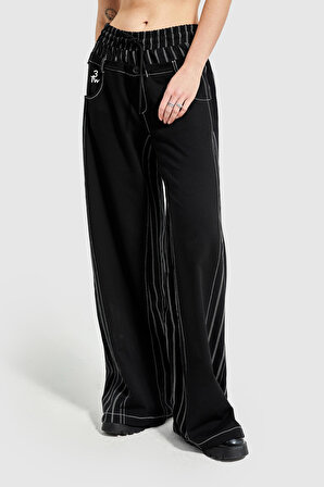 Kadın Siyah Çizgili Renk Parçalı Kumaş Palazzo Fit Tasarım Pantolon