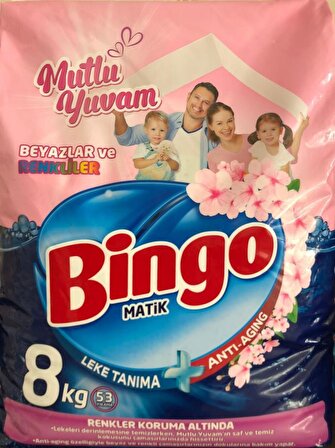Bingo Matik Mutlu Yuvam Parfümlü Beyazlar ve Renkliler İçin Toz Çamaşır Deterjanı 8 kg 53 Yıkama