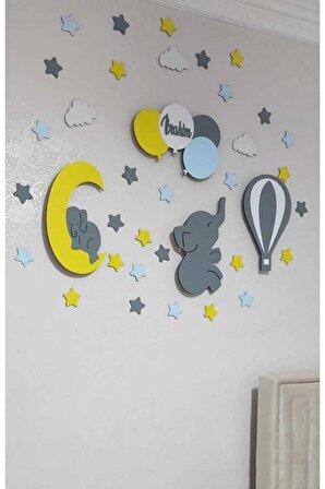 Çocuk Odası Ahşap Dekoratif 4'lü Gece Lambası Ledli Aydınlatma Ve Ahşap Yıldızlar