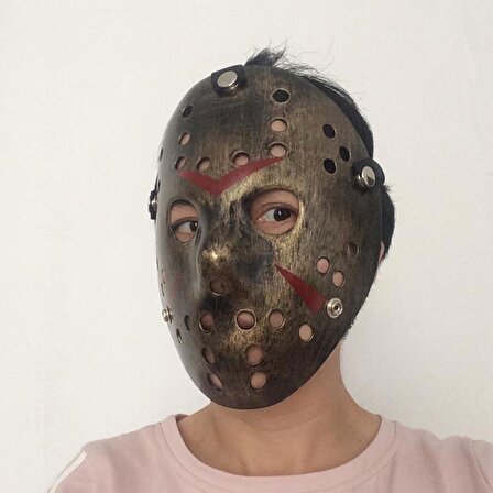 Bakır Renk Kırmızı Çizgili Tam Yüz Hokey Jason Maskesi Hannibal Maskesi (44DEX34)